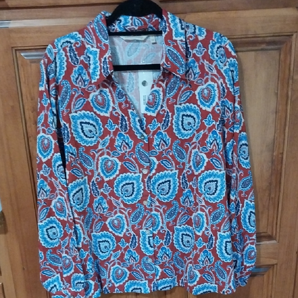 NWT Soft Surroundings Blue and Pink Graphic Button Down Shirt